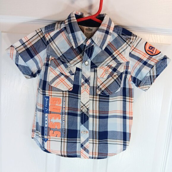 Guess NWOT Boy's Blue Orange Plaid Button Down Short Sleeve Shirt Size 18M - Picture 11 of 16